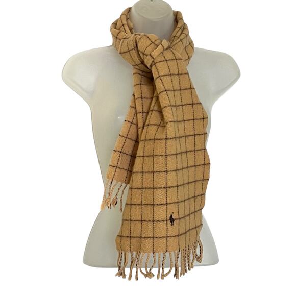 Vintage Polo Ralph Lauren Camel Tan Check Lambswool Fringe Muffler Scarf - Picture 1 of 7